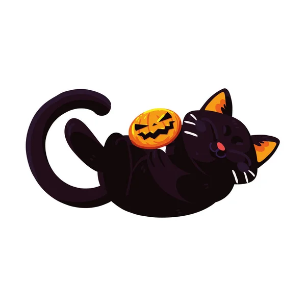Halloween Cat Playing Pumpkin Icon — Stock vektor