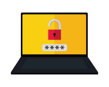 laptop cyber fraud, password security icon