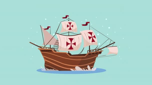 Happy Columbus Day Animation Caravel Video Animated — Stockvideo