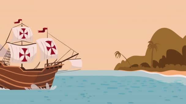 Happy Columbus Day Animation Caravel Video Animated — Stockvideo