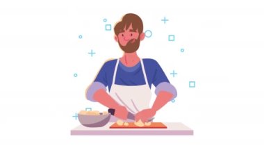 bearded man cooking kitchen recipe animation ,4k video animated