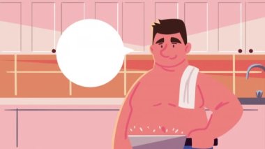 fat man cooking kitchen recipe animation ,4k video animated