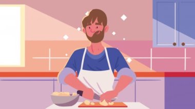 bearded man cooking kitchen recipe animation ,4k video animated