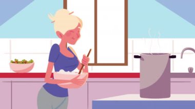 blond woman cooking kitchen recipe animation ,4k video animated