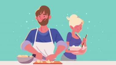 young couple cooking kitchen recipe animation ,4k video animated