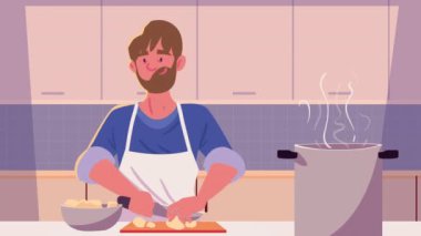 bearded man cooking kitchen recipe animation ,4k video animated