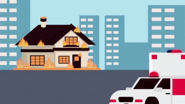 City Emergency Service House Fire Video Animated — Vídeos de Stock