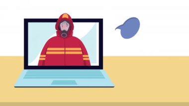 firefighter emergency worker in laptop ,4k video animated