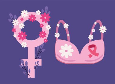icons breast cancer pink bra and female sign
