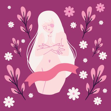 breast cancer, woman and ribbon with flowers