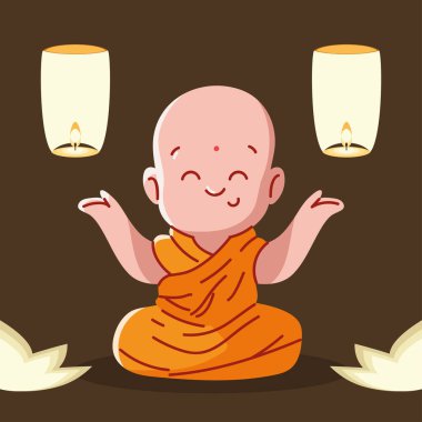 buddhist monk character with lamps and flowers