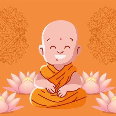 buddhist little monk and flowers