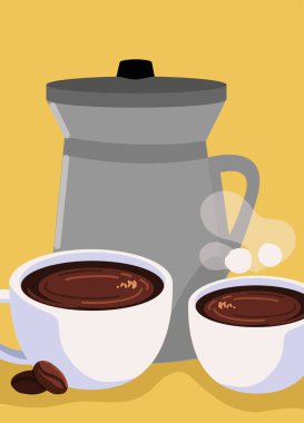 moka pot and coffee cups with seeds