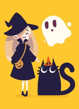halloween witch girl with cat
