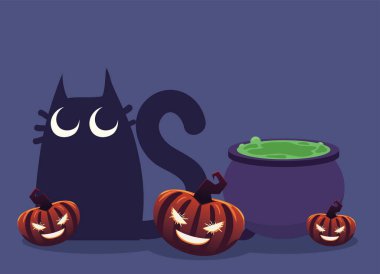 halloween cat and pot with scary pumpkins