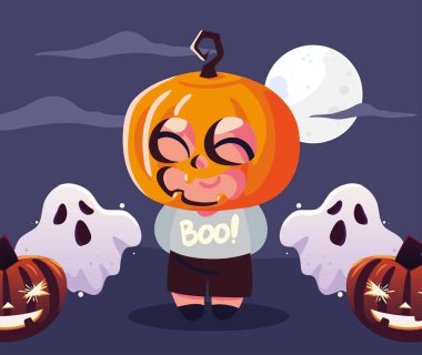 happy halloween night, boy in pumpkin costume
