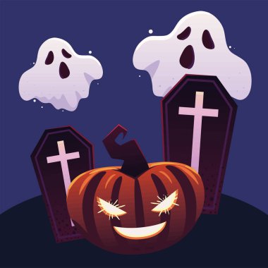 halloween cemetery night pumpkins and ghost