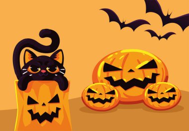 halloween creepy pumpkins with cat and bats