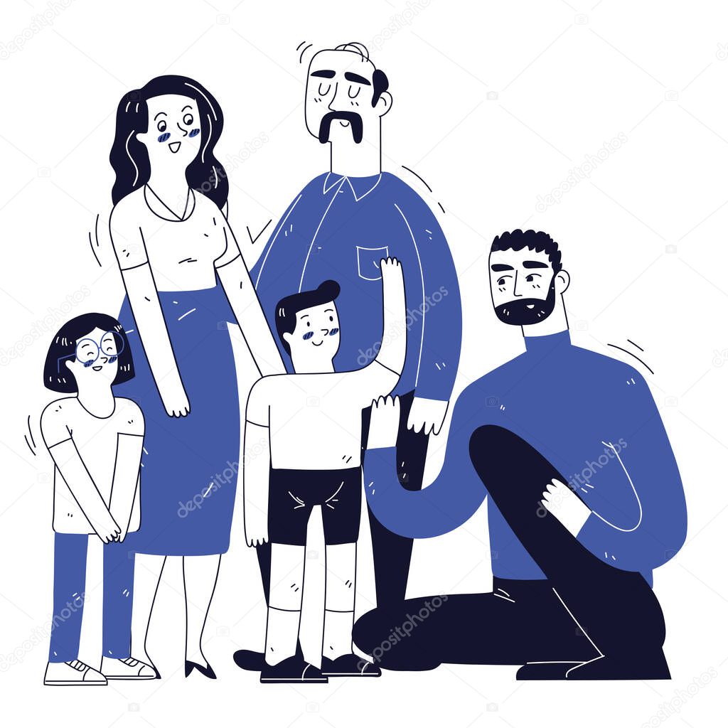 family together characters, line art drawing style