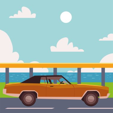 sedan car road trip, vector style