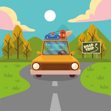 car with luggage, road trip board
