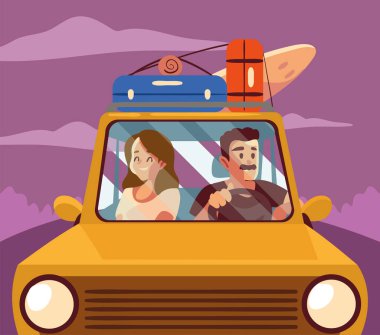 man and woman in car with suitcases, road trip