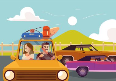 couple in road trip, sunset landscape