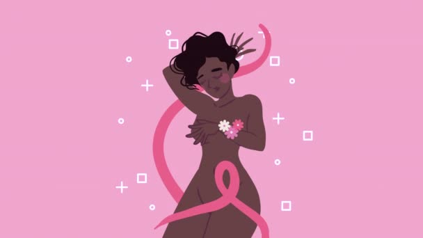 Afro Mujer Desnuda Campaña Cáncer Mama Video Animado — Vídeo de stock