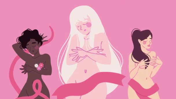 Διαφυλετικά Κορίτσια Γυμνή Εκστρατεία Του Καρκίνου Του Μαστού Βίντεο Κινούμενα — Αρχείο Βίντεο