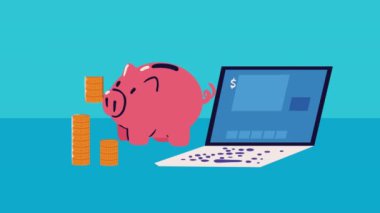 Bozuk para dolar ve dizüstü bilgisayar, 4k video animasyonu