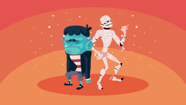 Halloween Animation Mit Frankenstein Und Mumie Video Animiert — Stockvideo