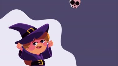 happy halloween animation with witch and skulls ,4k video animated
