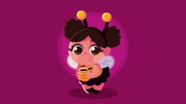 happy halloween animation with little girl bee ,4k video animated