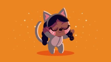 happy halloween animation with little girl cat ,4k video animated