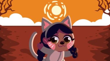 happy halloween animation with little girl cat ,4k video animated