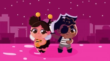 happy halloween with little bee and pirate ,4k video animated