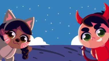 halloween animation with little cat and devil ,4k video animated