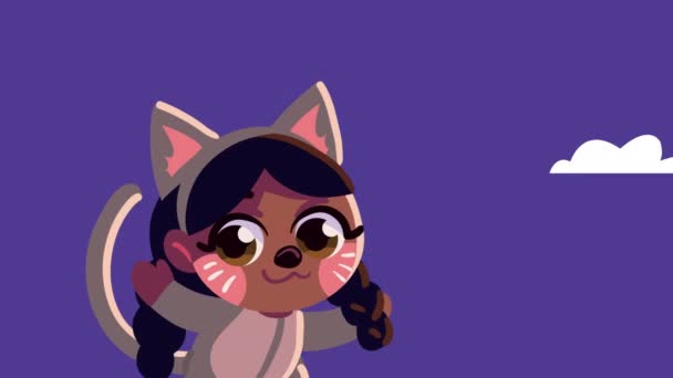 Happy Halloween Animation Little Girl Cat Video Animated — стоковое видео