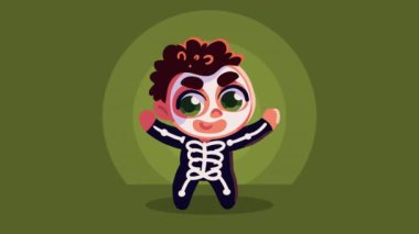 İskelet çocukla Cadılar Bayramı animasyonunuz kutlu olsun. 4k video animasyonu.