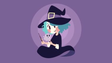 Cadı ve hayaletle Cadılar Bayramı animasyonunuz kutlu olsun. 4k video animasyonu.