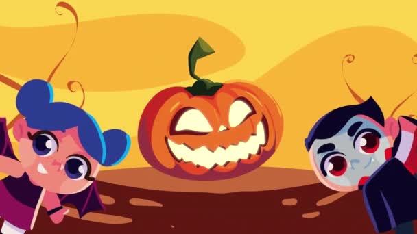 Halloween Animatie Met Kinderen Paar Vermomd Video Geanimeerd — Stockvideo