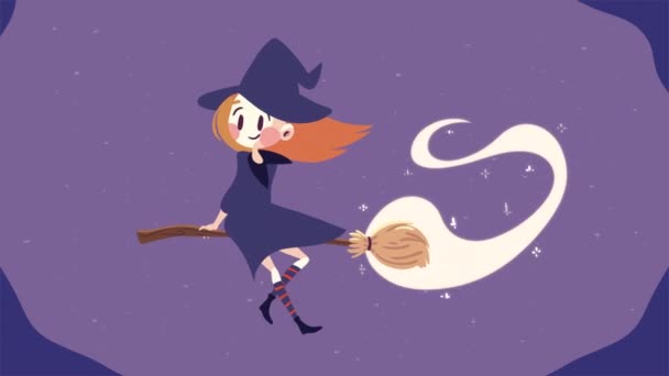 Glad Halloween Animation Med Häxa Flyger Video Animerad — Stockvideo