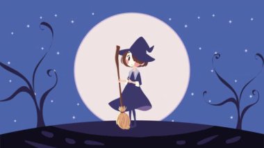 Cadı ve süpürgeyle cadılar bayramı animasyonu, 4k video animasyonu