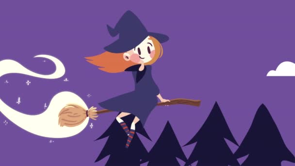 Happy Halloween Animasi Dengan Terbang Penyihir Animasi Video — Stok Video