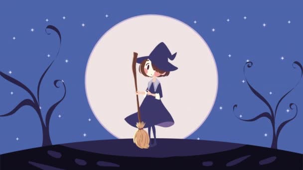 Animasi Halloween Dengan Penyihir Dan Sapu Animasi Video — Stok Video
