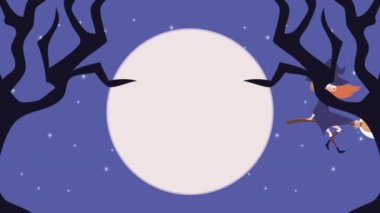 Cadılar Bayramı animasyonunuz kutlu olsun. Cadı uçuşu, 4k video animasyonu.