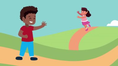 Kamptaki ırklar arası küçük çocuklar, 4k video animasyonu.