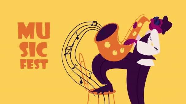 Schriftzug Des Musikfestivals Mit Saxophon Animation Video Animiert — Stockvideo