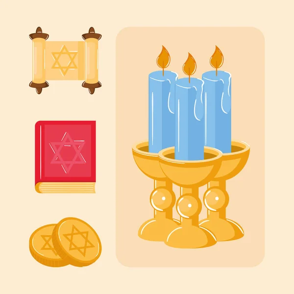 Hanukkah Festivo Religioso Colección Iconos — Vector de stock