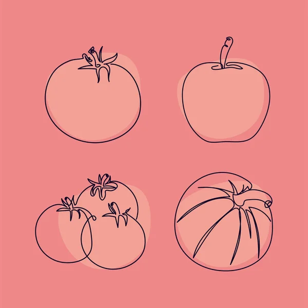 Dibujo Línea Iconos Verduras Frutas — Vector de stock